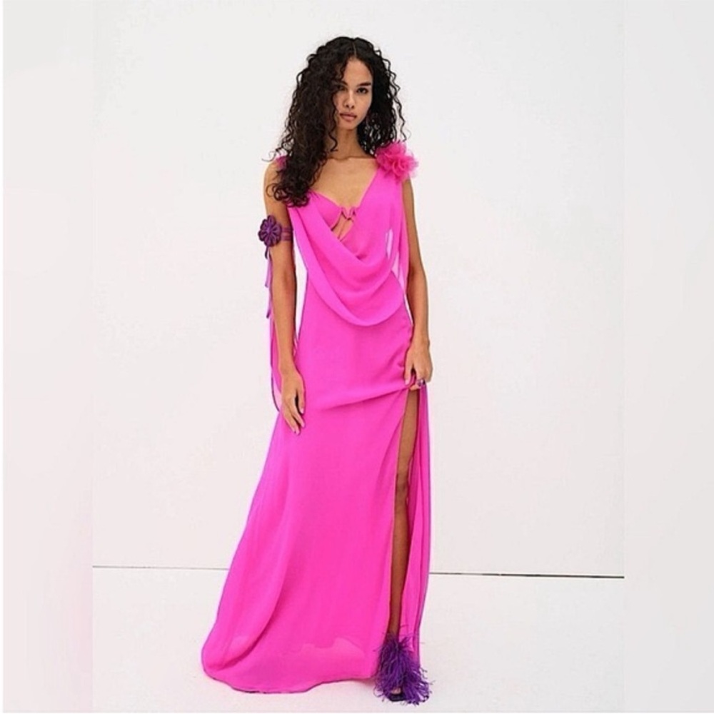 For Love And Lemons Davis Chiffon Bright Pink‎ Underwire Maxi Dress Gown - Picture 2 of 13